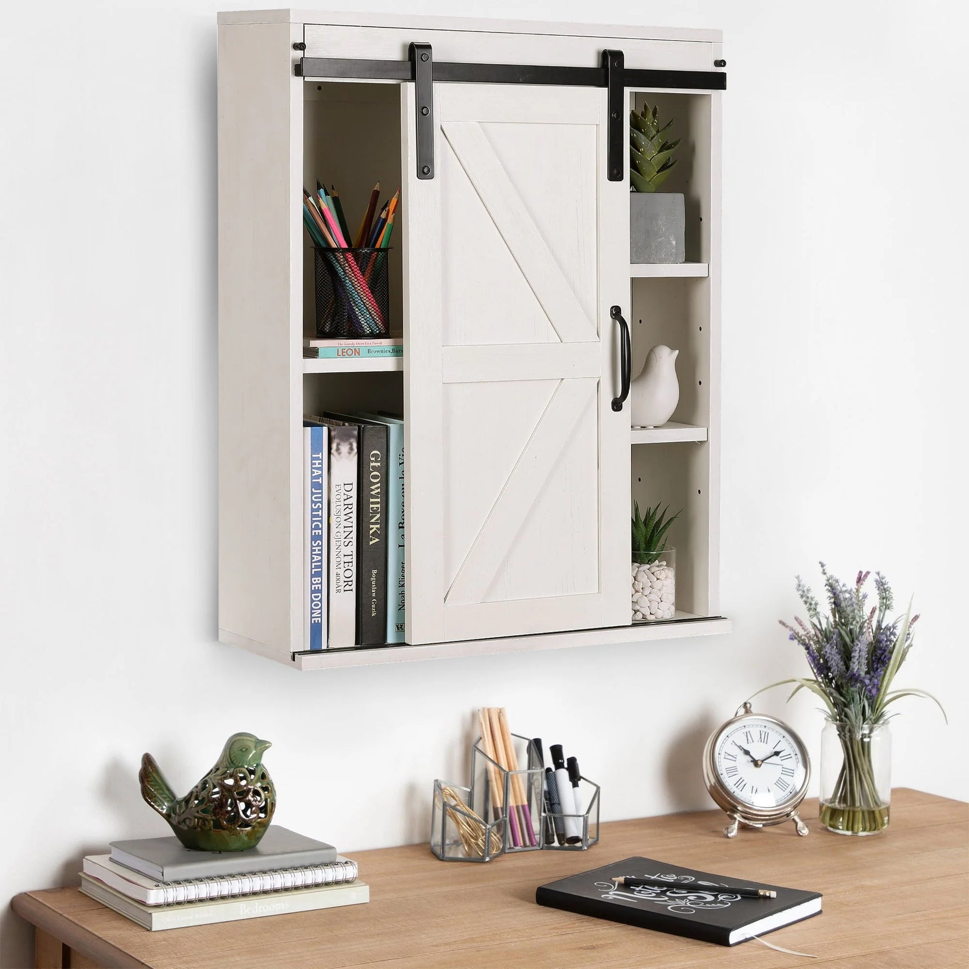 Rustown Farmhouse Wood Wall Storage Bathroom Cabinet with Sliding Barn Door, Rustic Medicine Cabinet with Adjustable Shelf, 3-Tier Vintage Cabinet for Kitchen, Bathroom, Living Room, Vintage White