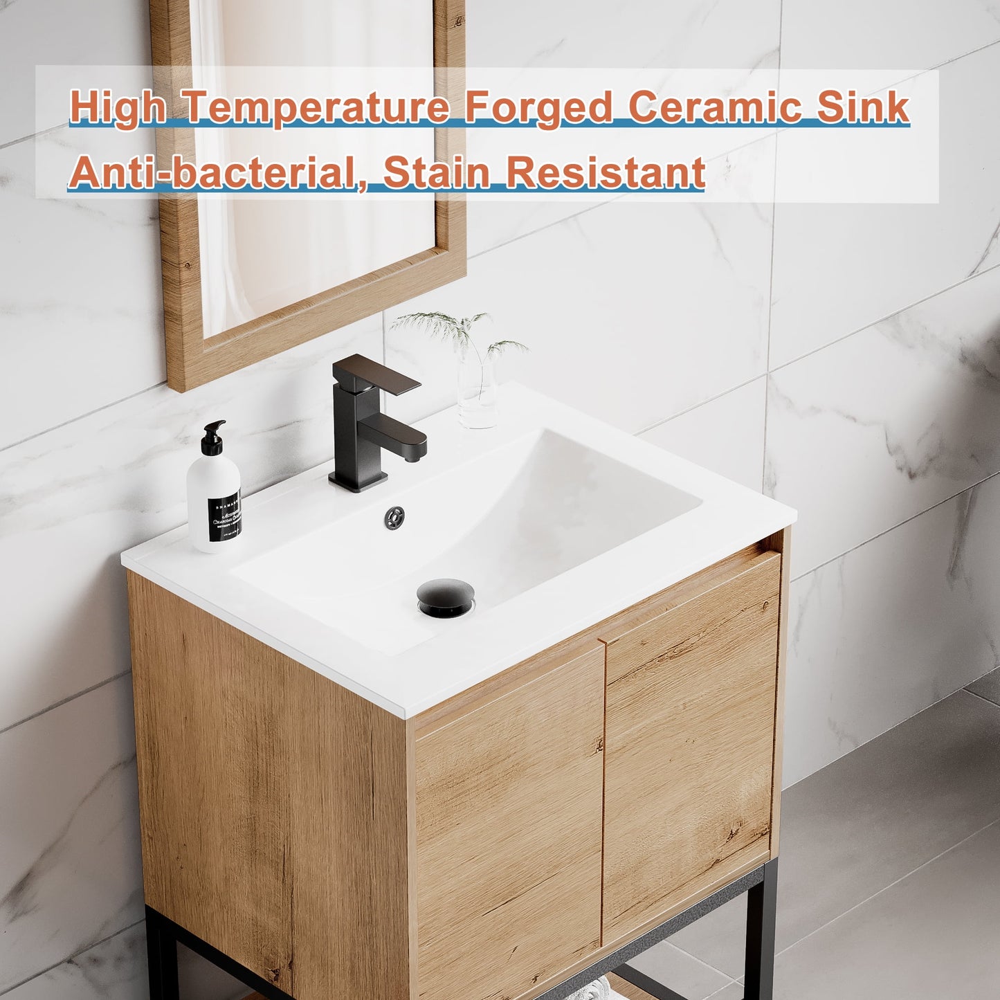 Eclife 24 Inch Freestanding Bathroom Vanity with Drop-In Sink Top, Water Efficient Faucet, Fast Drain, Overflow with Tiny Backsplash