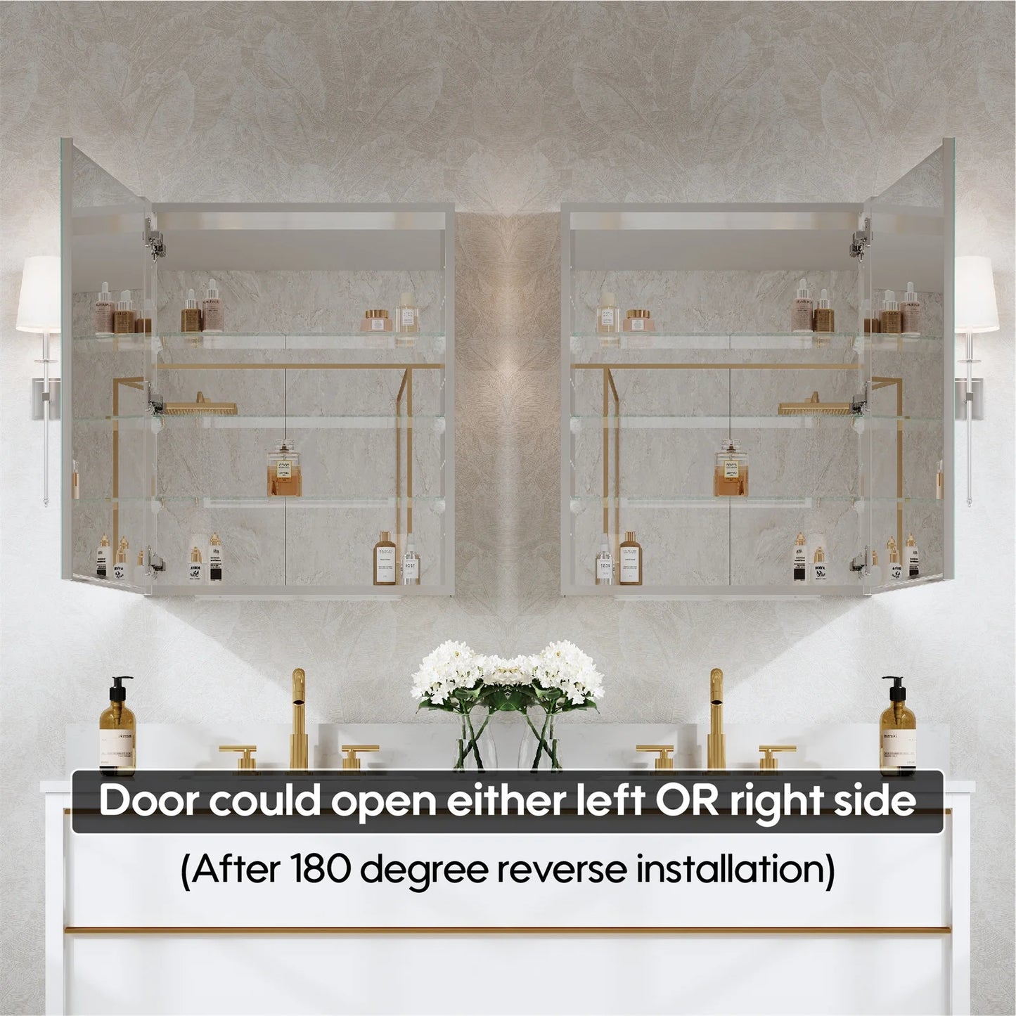 24" x 30" Bi-View Medicine Cabinet with Mirror, Surface Mount or Recessed Mirror Medicine Cabinet for Bathroom, Anodized Chrome Aluminum Frame, Bathroom Mirror Cabinet with Storage Right Open