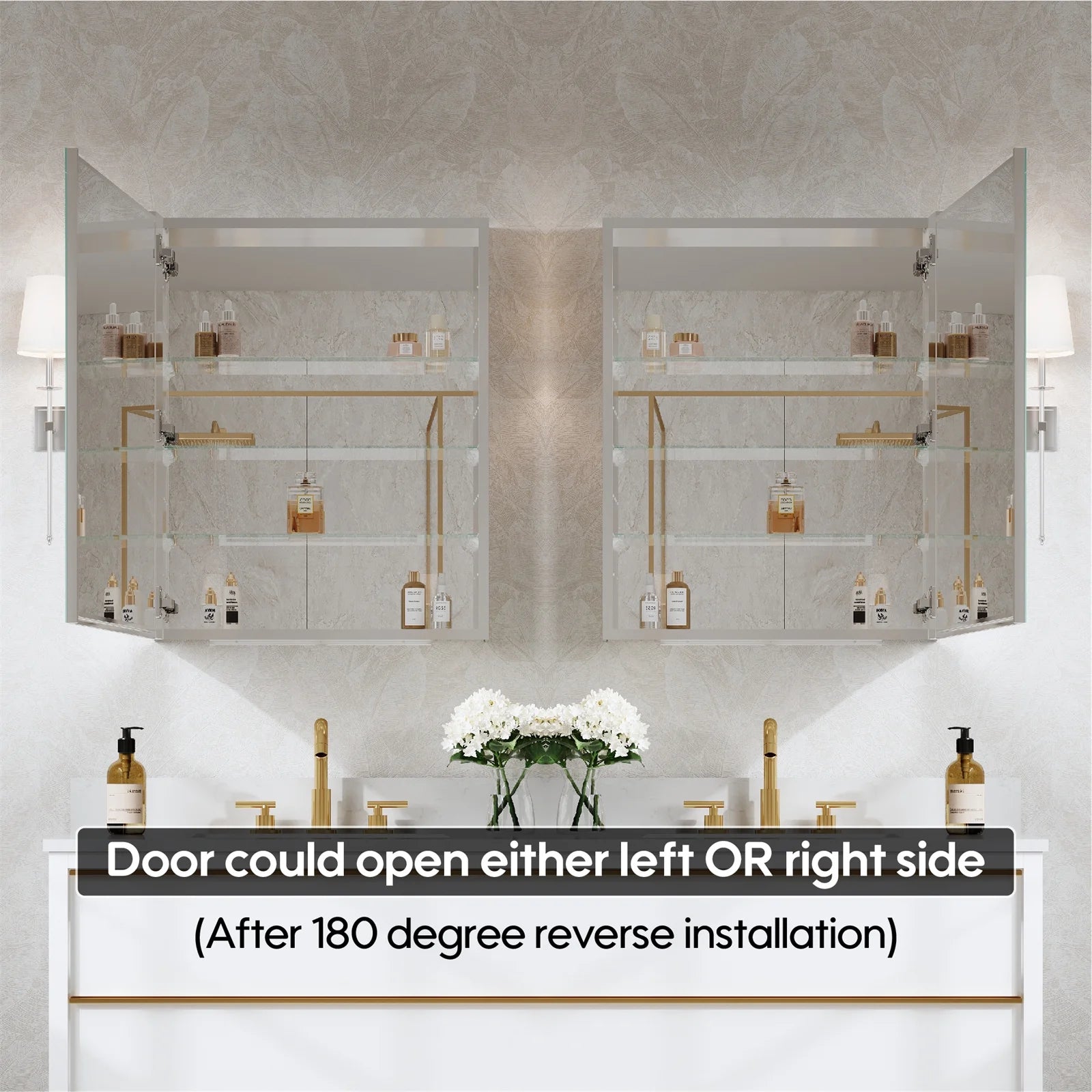 24" x 30" Bi-View Medicine Cabinet with Mirror, Surface Mount or Recessed Mirror Medicine Cabinet for Bathroom, Anodized Chrome Aluminum Frame, Bathroom Mirror Cabinet with Storage Right Open