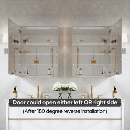 24" x 30" Bi-View Medicine Cabinet with Mirror, Surface Mount or Recessed Mirror Medicine Cabinet for Bathroom, Anodized Chrome Aluminum Frame, Bathroom Mirror Cabinet with Storage Right Open