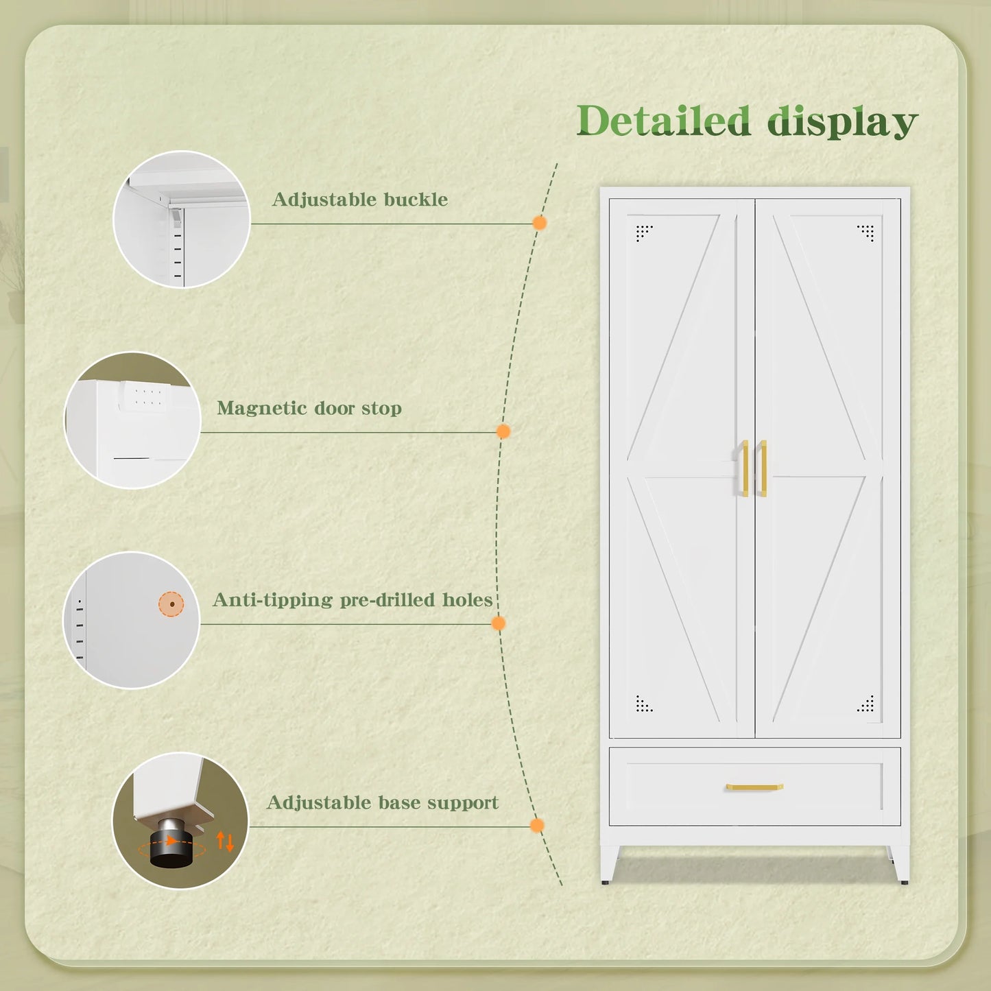 NadooLite 71"H White Metal Storage Cabinet with Adjustable Shelves, 2 Doors & 1 Drawers, Multi-Use Organizer for Garage,Dining,Bath,Laundry,Pantry