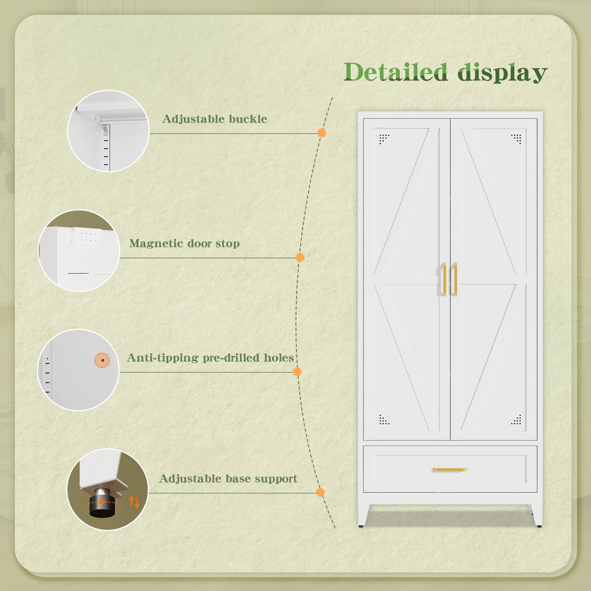NadooLite 71"H White Metal Storage Cabinet with Adjustable Shelves, 2 Doors & 1 Drawers, Multi-Use Organizer for Garage,Dining,Bath,Laundry,Pantry