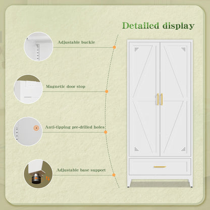 NadooLite 71"H White Metal Storage Cabinet with Adjustable Shelves, 2 Doors & 1 Drawers, Multi-Use Organizer for Garage,Dining,Bath,Laundry,Pantry