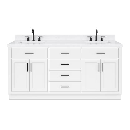 ARIEL Hepburn 72 Inch Double Rectangle Sink Bathroom Vanity With Carrara White Quartz Countertop 1.5 Inch Edge In Oak