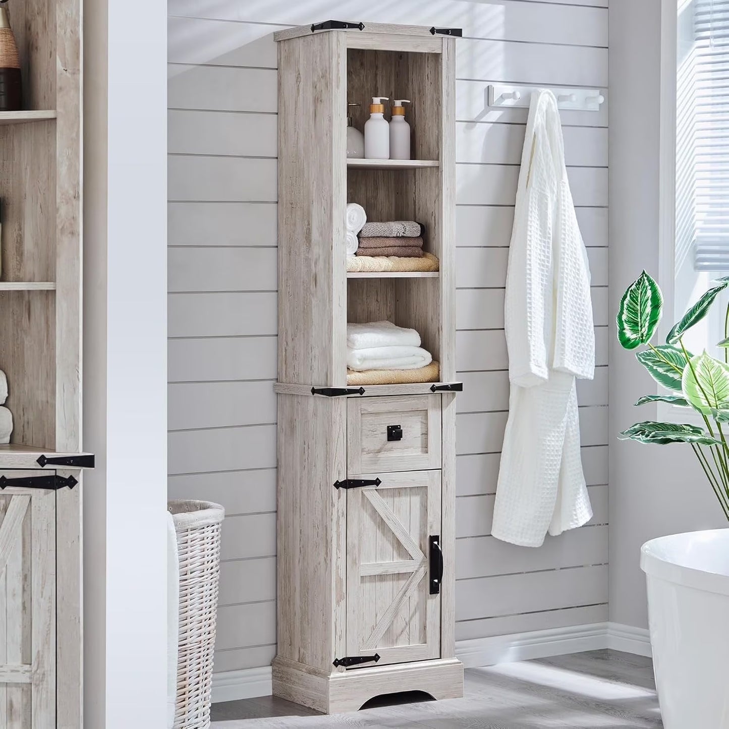 OKD Farmhouse Bathroom Organizers and Storage, Narrow Tall Cabinet Storage Tower with Door and Drawer, Light Rustic Oak