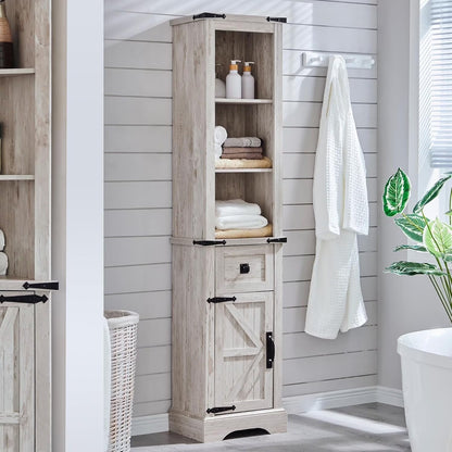 OKD Farmhouse Bathroom Organizers and Storage, Narrow Tall Cabinet Storage Tower with Door and Drawer, Light Rustic Oak