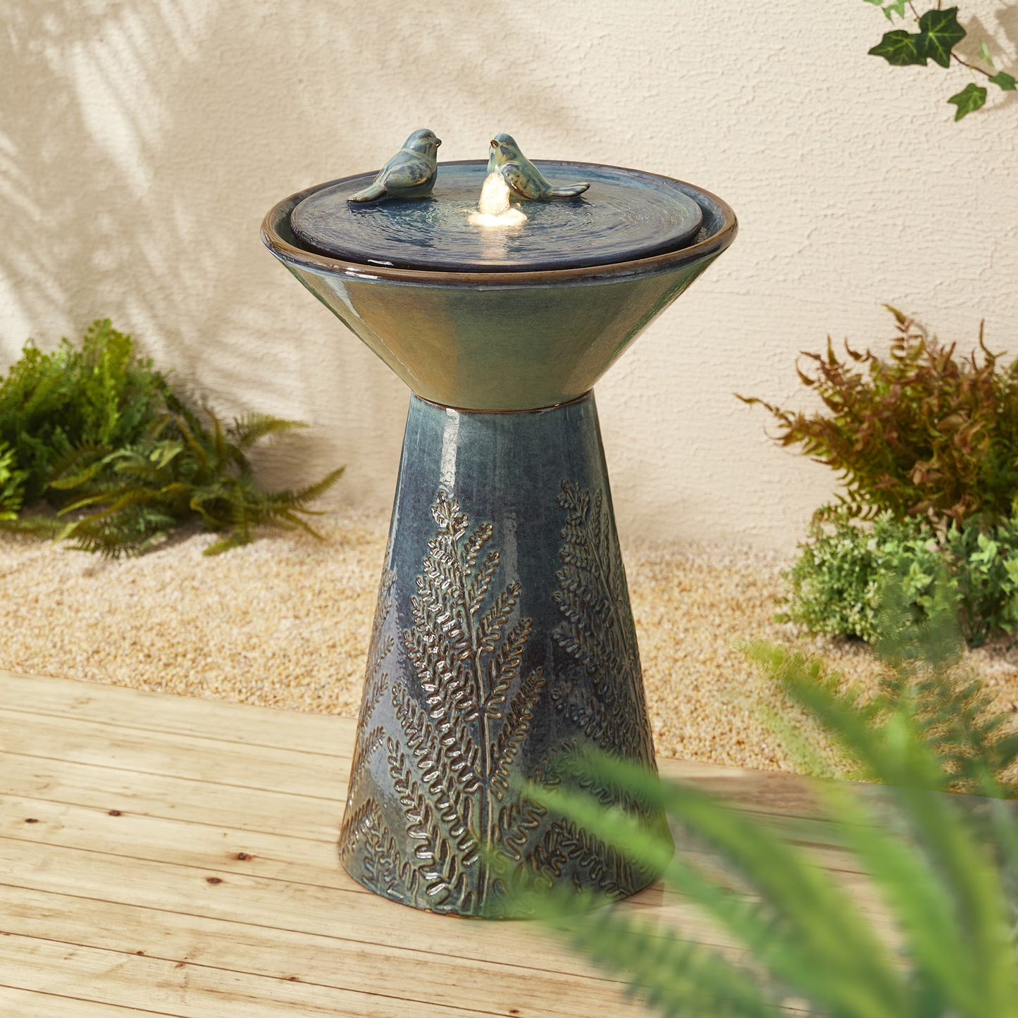 Glitzhome 27.5" Fountain with Pump and LED Light Embossed Pedestal Ceramic Bird Bath, Turquoise