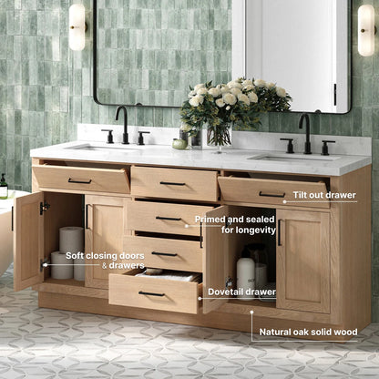 ARIEL Hepburn 72 Inch Double Rectangle Sink Bathroom Vanity With Carrara White Quartz Countertop 1.5 Inch Edge In Oak