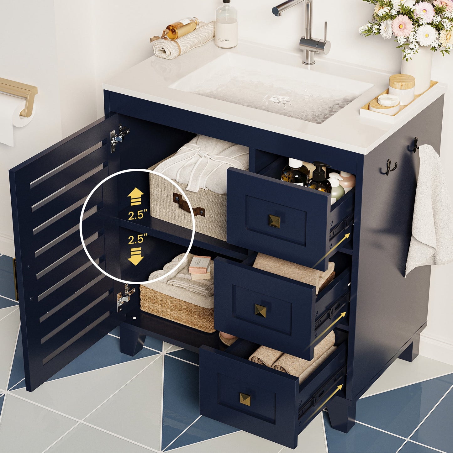 ANCTOR 30'' Bathroom Vanity with Sink, Modern Bathroom Sink Cabinet with 3 Drawers & Adjustable Shelf