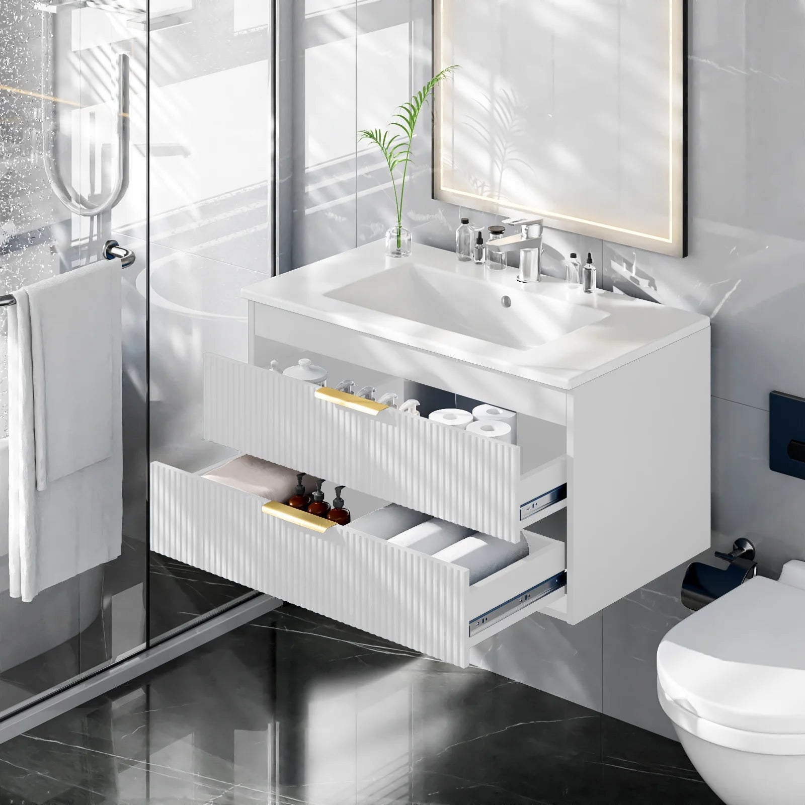 Advwin 30" Wall Mounted Bathroom Vanity with Ceramic Sink, Modern Floating Bathroom Storage Cabinet with Sensor Light & 2 Extra Large Drawers, White