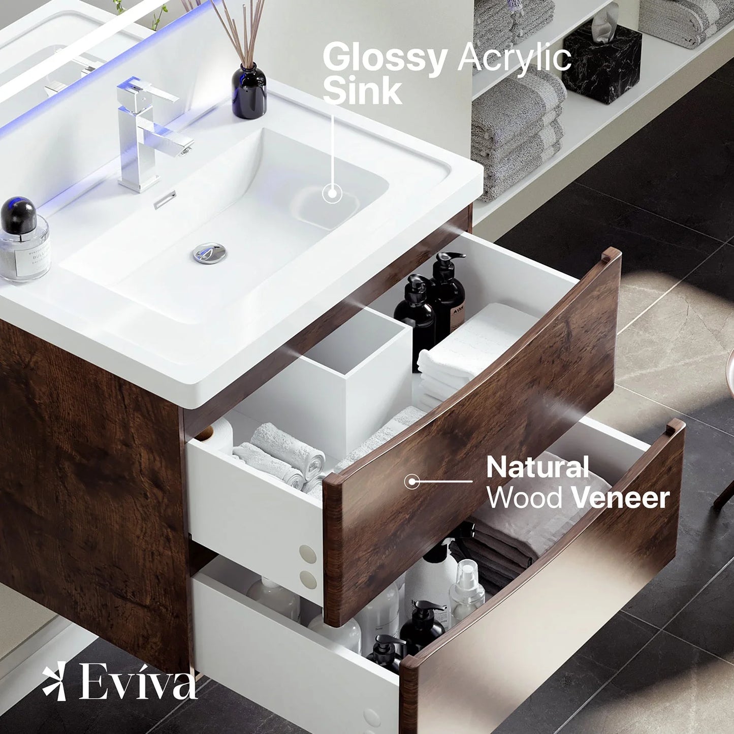Eviva Smile 30" White Oak Wall Mount Modern Bathroom Vanity w/ White Integrated Top