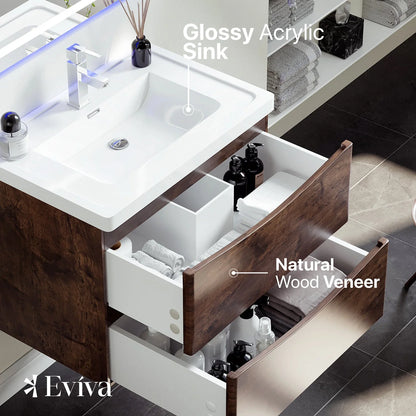 Eviva Smile 30" White Oak Wall Mount Modern Bathroom Vanity w/ White Integrated Top
