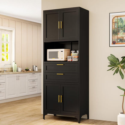 75�� Tall Kitchen Pantry Storage Cabinet, Metal Storage Cabinet with 2 Drawers and Adjustable Shelves, Kitchen Pantry Cupboard, Freestanding Cupboard for Bathroom, Living Room(Black)