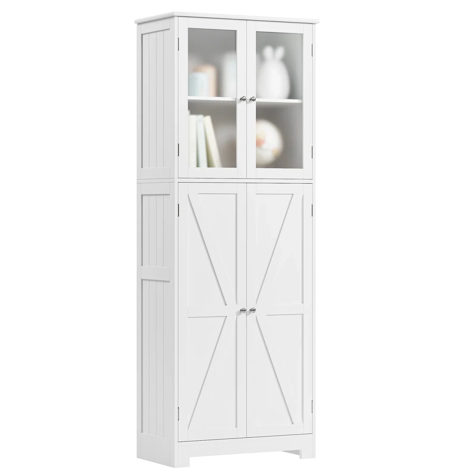 Homfa 67" Tall White Bathroom Storage Cabinet with Glass Doors, Farmhouse Freestanding Cupboard Storage Cabinet for Small Space