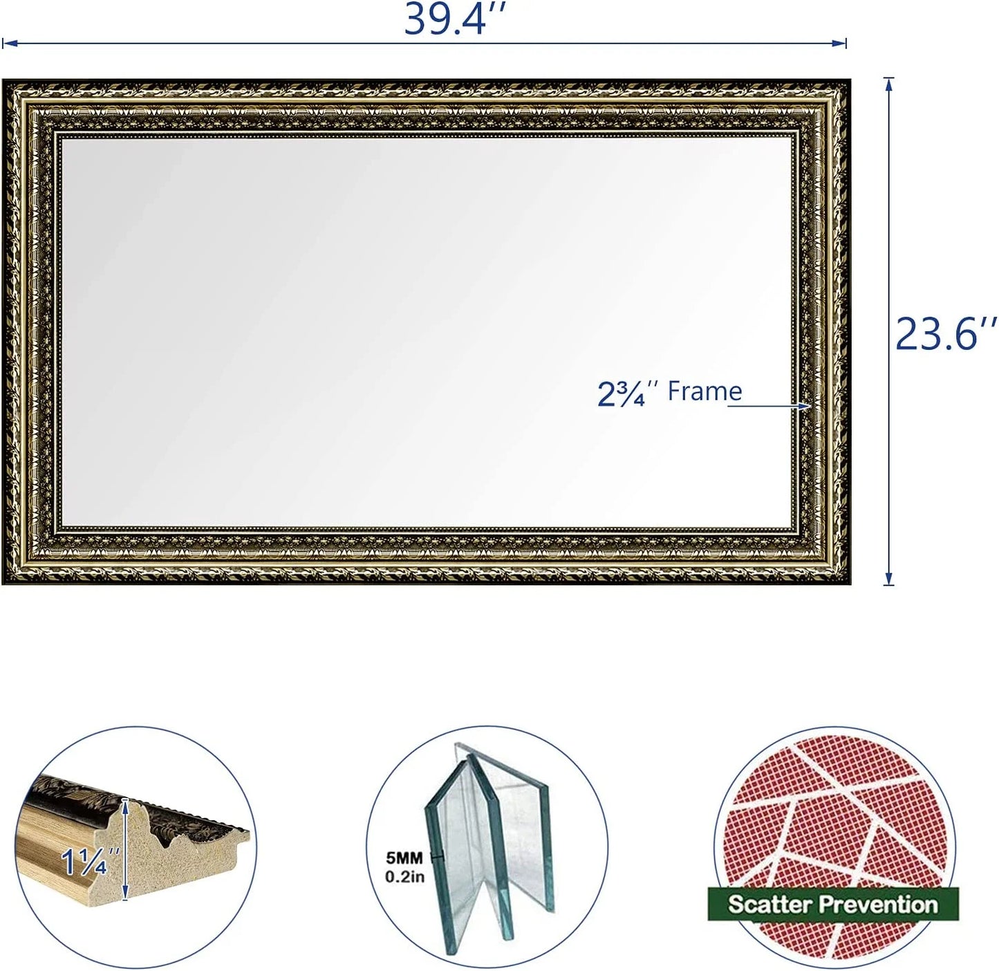 H-A Black&Gold Framed Rectangle Bathroom Mirrors for Wall,Wall Mounted Vintage Mirror Vertical or Horizontal Hanging for Living Room,Bedroom (40''x24''Vintage)