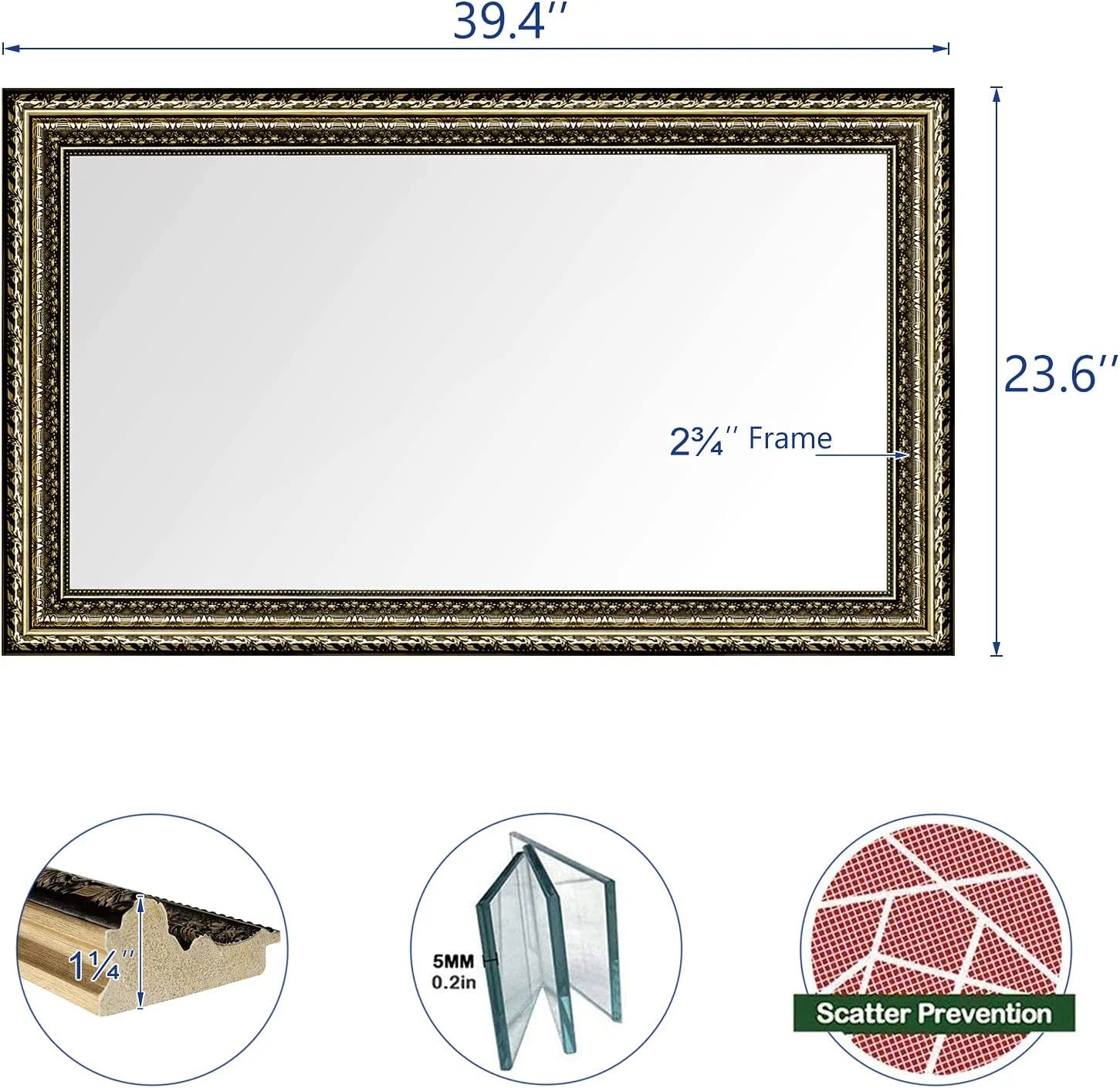 H-A Black&Gold Framed Rectangle Bathroom Mirrors for Wall,Wall Mounted Vintage Mirror Vertical or Horizontal Hanging for Living Room,Bedroom (40''x24''Vintage)