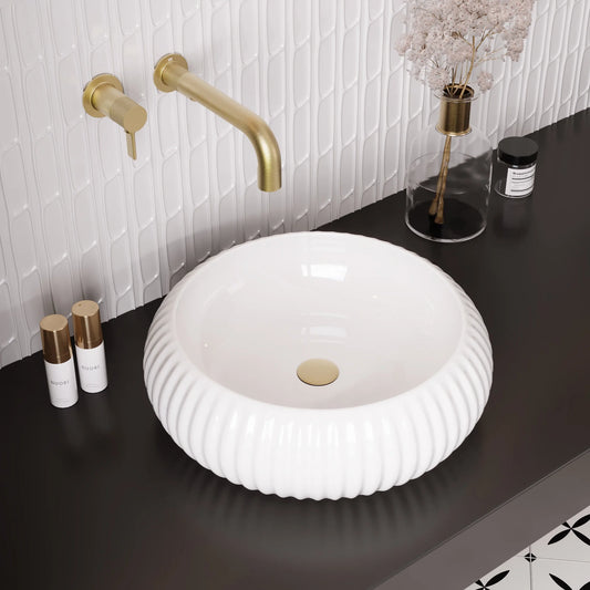 DV-1V0223 DeerValley 16" x 5'' Bathroom Sink,White Ceramic Circular Vessel Sink,Vitreous China Vessel Bathroom Sink with Fluted Sides and Overflow
