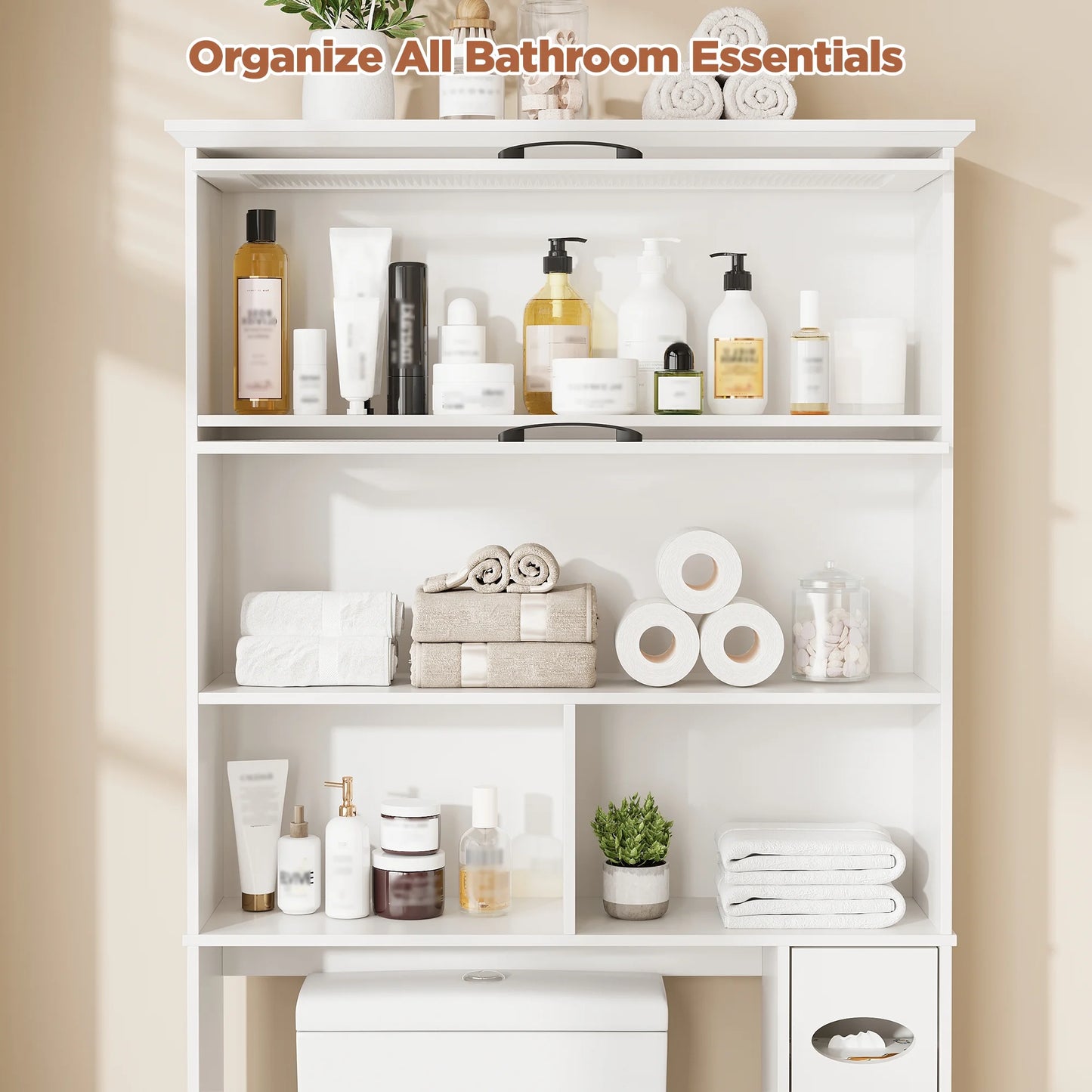 Vabches Over The Toilet Storage Cabinet with Transparent Flip Door, 33.2''W Bathroom Over Toilet Shelf Space Saver with Toilet Paper Holder