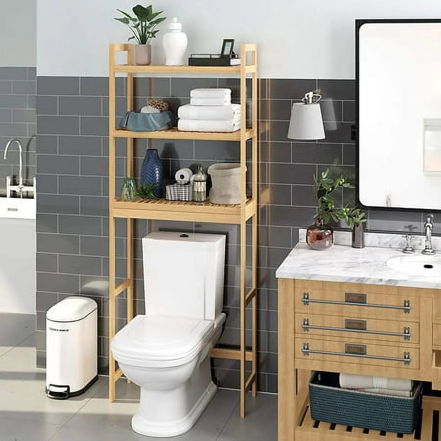 SONGMICS 3-Tier Over The Toilet Storage Bamboo Over Toilet Shelf Bathroom Storage Organizer with Adjustable Shelf Natural