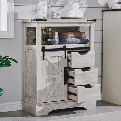 OKD Farmhouse Bathroom Storage Cabinet with 3 Drawers and Adjustable Shelves Wooden Rustic Accent Entryway Cupboard, Antique White