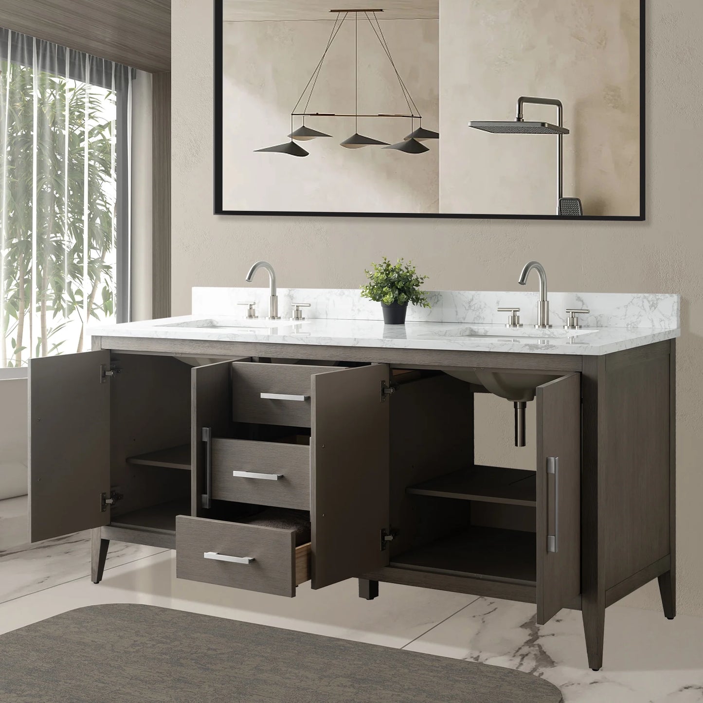 Vanity Art 72�� Double Sink Bathroom Vanity Cabinet with Engineered Marble Countertop