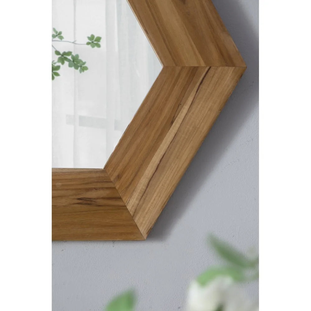 Tcbosik Decorative 18.5" Hexagon Hanging Wall Mirror with Natural Wood Frame and Attached Hanging Bracket, Rustic Farmhouse Decor for the Living Room, Bathroom, Bedroom, and Entryway