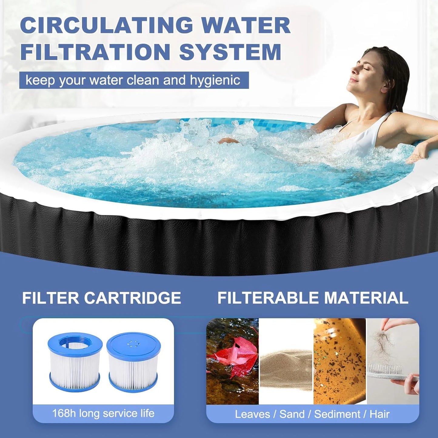 73 inch Outdoor Inflatable Hot Tub with 130 Bubble Air Jets, 4-6 Person Square Portable Hottub Spa with LED Control Panel, Blow Up Spa Bathtub with 2 Filter, Temperature up to 104��F
