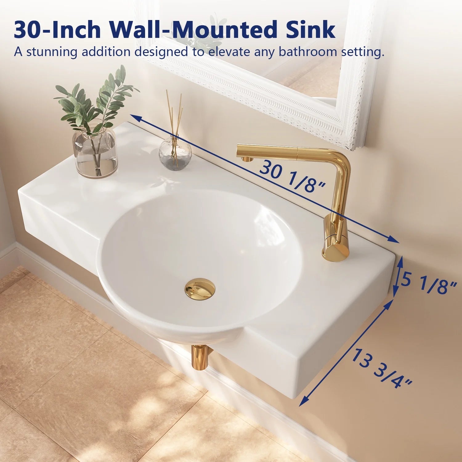 DeerValley DV-1WS0125 30" x 18" White Rectangular Vitreous China Wall Mount Bathroom Sink with Faucet Hole