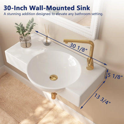 DeerValley DV-1WS0125 30" x 18" White Rectangular Vitreous China Wall Mount Bathroom Sink with Faucet Hole