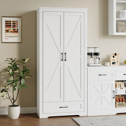 YouTrend 69" Tall Kitchen Pantry,Farmhouse Storage Cabinet with 2 Barn Doors 4 Adjustable Shelves and Large Drawer for Dining Room,Living Room,Bathroom,White