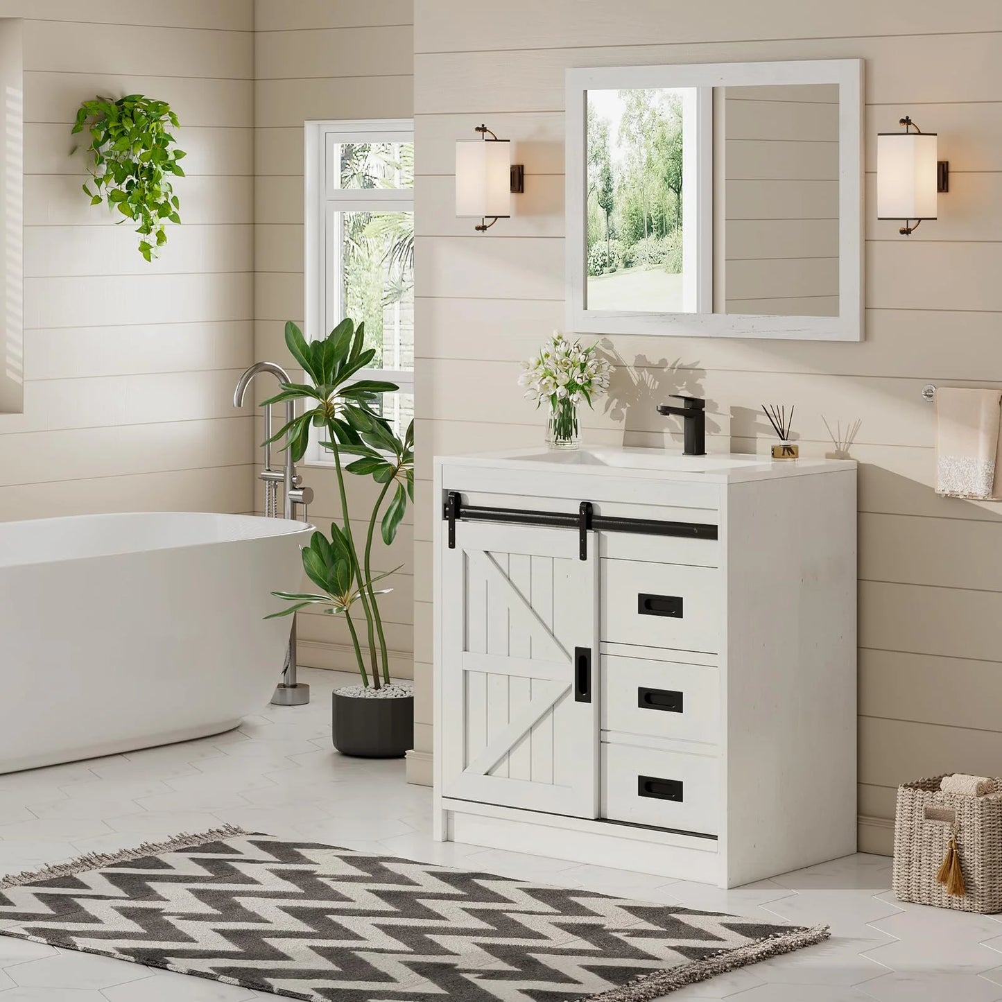 VANACC 31" Farmhouse Sliding Barn Door Bathroom Vanity with Sink Combo, Bathroom Cabinet with Drawers & Metal Handles, Freestanding, Distressed White