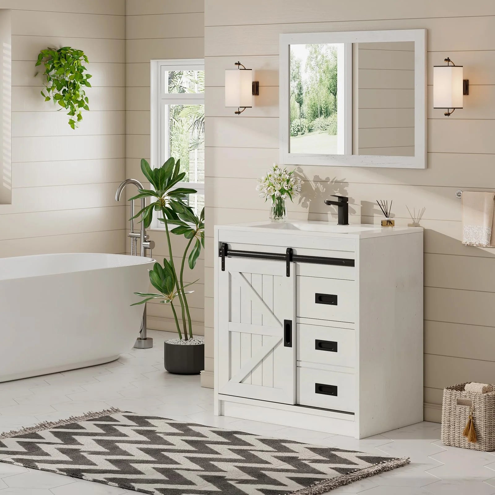 VANACC 31" Farmhouse Sliding Barn Door Bathroom Vanity with Sink Combo, Bathroom Cabinet with Drawers & Metal Handles, Freestanding, Distressed White