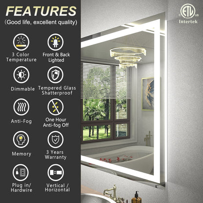 Apmir 24"x36" Premium UL Certified LED Bathroom Mirror, Super Bright, Front & Backlit, Anti-Fog, 3 Colors Dimmable