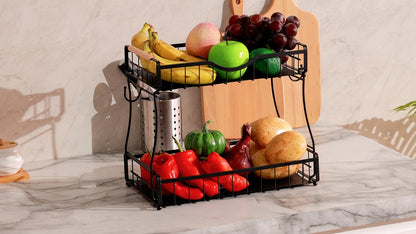 2 Tier Fruit Basket for Kitchen Countertop with 2 Banana Hangers,Detachable Metal Fruit Bowl with Wooden Handles and Protective Pads,Large Capacity Fruit and Vegetable Basket Organizer