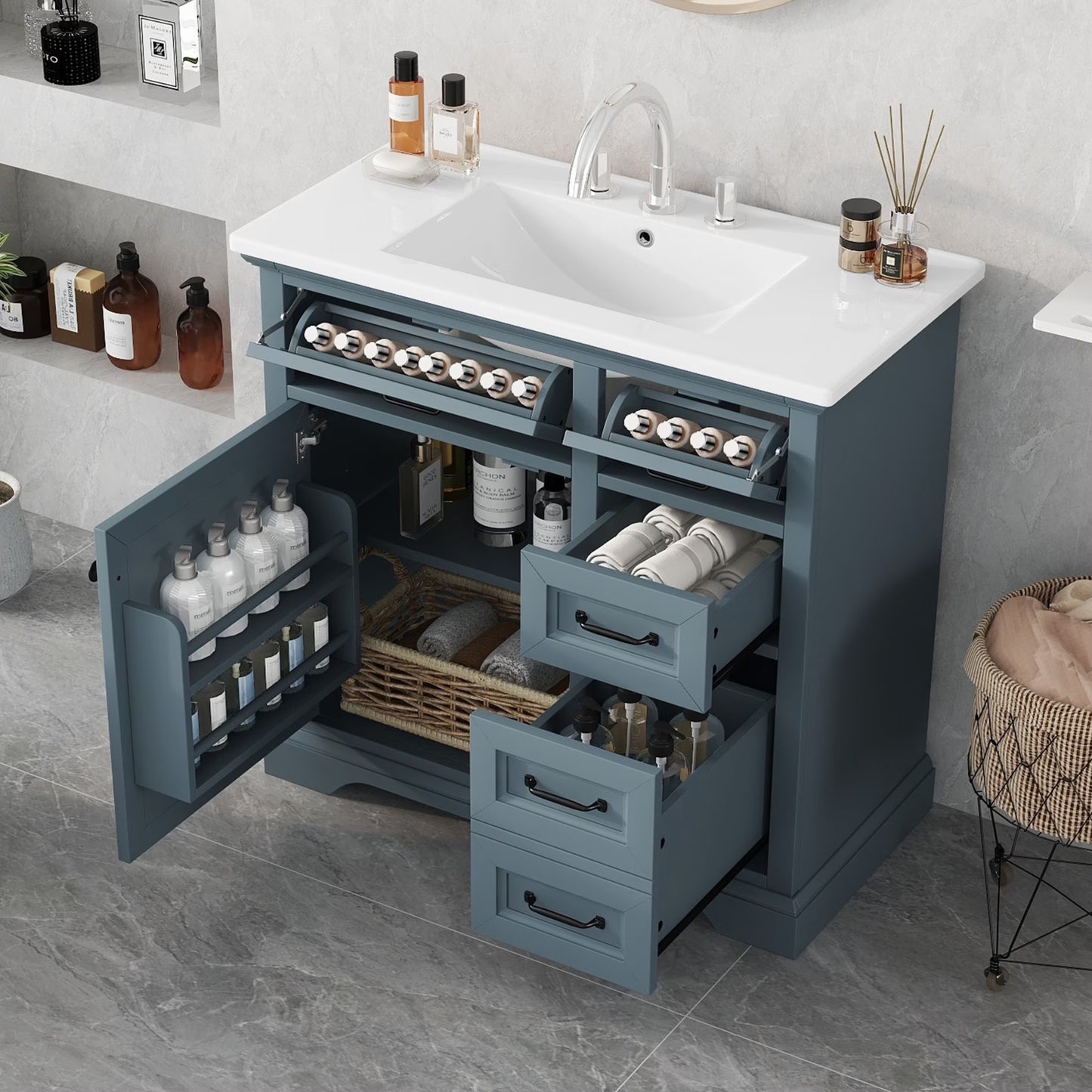 Christopher Knight Home 36" Bathroom Vanity with Sink, Tip-out Drawers, Soft-Close Doors, Grey
