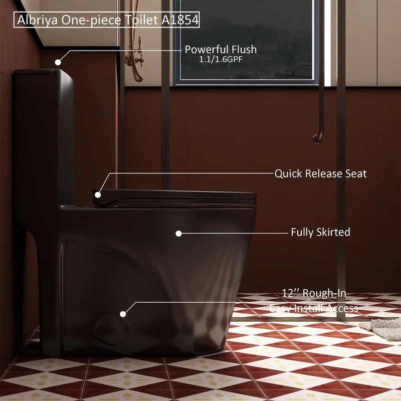 Albriya A1854 One Piece Toilet, Modern Elongated Toilet Power Dual Flush 1.1/1.6 GPF with Comfortable Chair Seat ADA Height 16 1/4’�?for Bathroom, 12’�?Rough-In, MaP 1000g, Grey