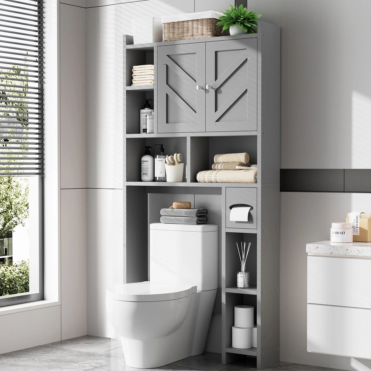 Walsunny Over the Toilet Storage Cabinets with Doors Side Shelves Toilet Paper Holder Stand Organizer Shelf Rack Space Saver above behind Toilet Freestanding for Bathroom Restroom Laundry Gray