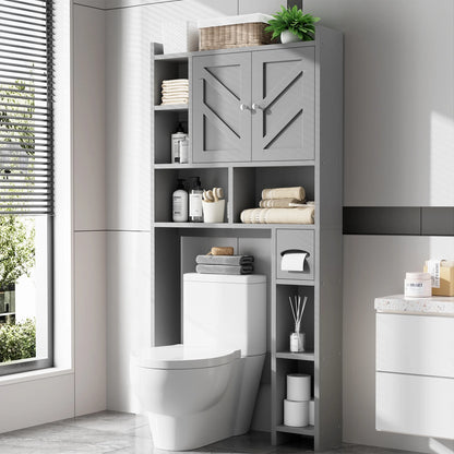 Walsunny Over the Toilet Storage Cabinets with Doors Side Shelves Toilet Paper Holder Stand Organizer Shelf Rack Space Saver above behind Toilet Freestanding for Bathroom Restroom Laundry Gray