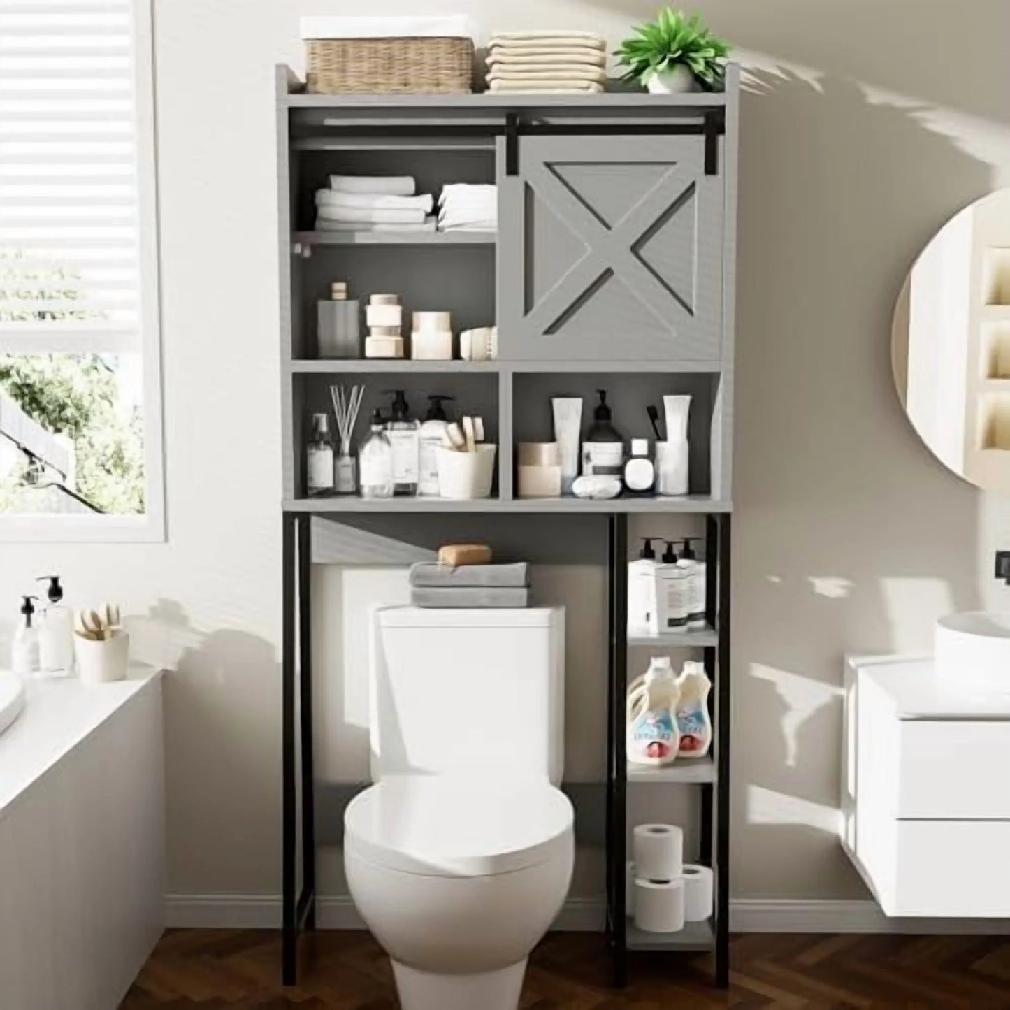 Over The Toilet Storage Cabinet, Farmhouse Storage Cabinet Over Toilet with Sliding Barn Doors, Freestanding Bathroom Organizer Shelf Space Saving, Grey