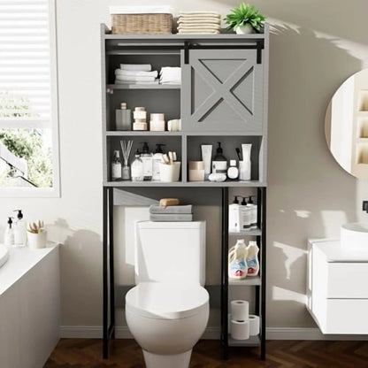 Over The Toilet Storage Cabinet, Farmhouse Storage Cabinet Over Toilet with Sliding Barn Doors, Freestanding Bathroom Organizer Shelf Space Saving, Grey