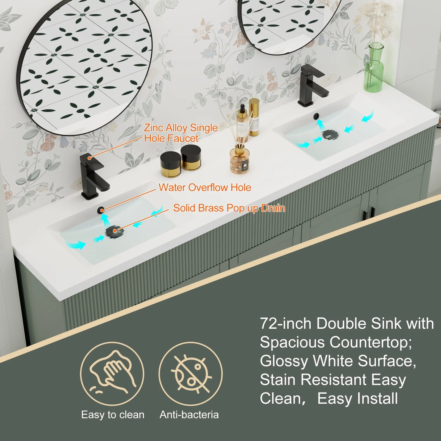 72" Freestanding Double Sink Bathroom Vanity Set With Resin Top, Hand-Painted, EPA Certificate