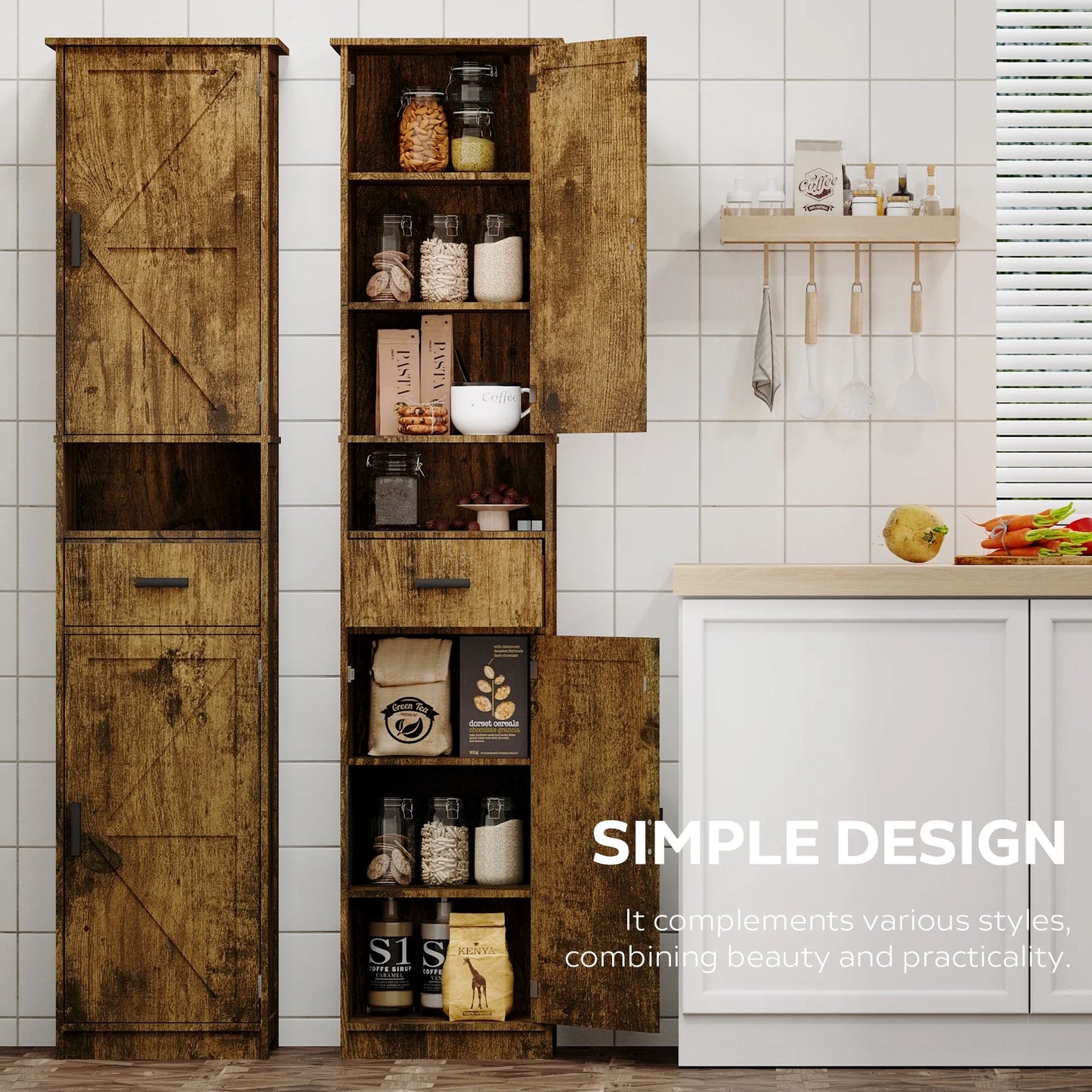 PORKISS Floor Storage Cabinet, Wood Pantry Cabinet with Doors and Drawer, Freestanding Narrow Bathroom Storage Organizer with Adjustable Shelves for Kitchen, Bathroom, Living Room, White