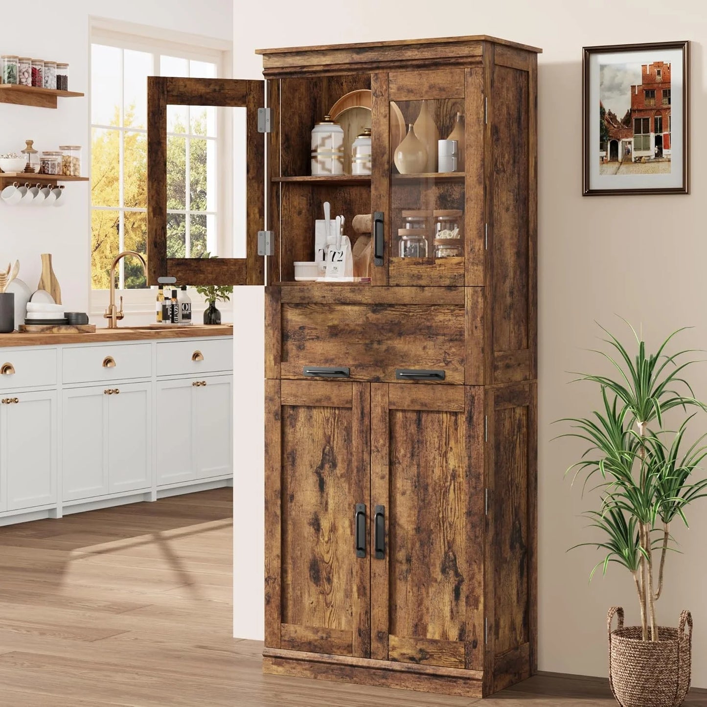 Roromall Bathroom Cabinet, Tall Storage Cabinet with Doors Adjustable Shelf, Freestanding Floor Pantry Cabinet for Kitchen, Living Room, Laundry Room, Home Office