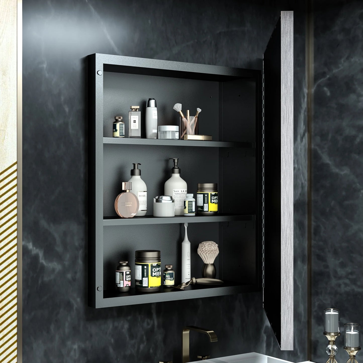 Keonjinn Bathroom Metal Framed Medicine Cabinets with Mirror, 16 x 24 inch Black Wall Cabinets, Rectangle Recessed/Wall Mounted Storage Cabinets