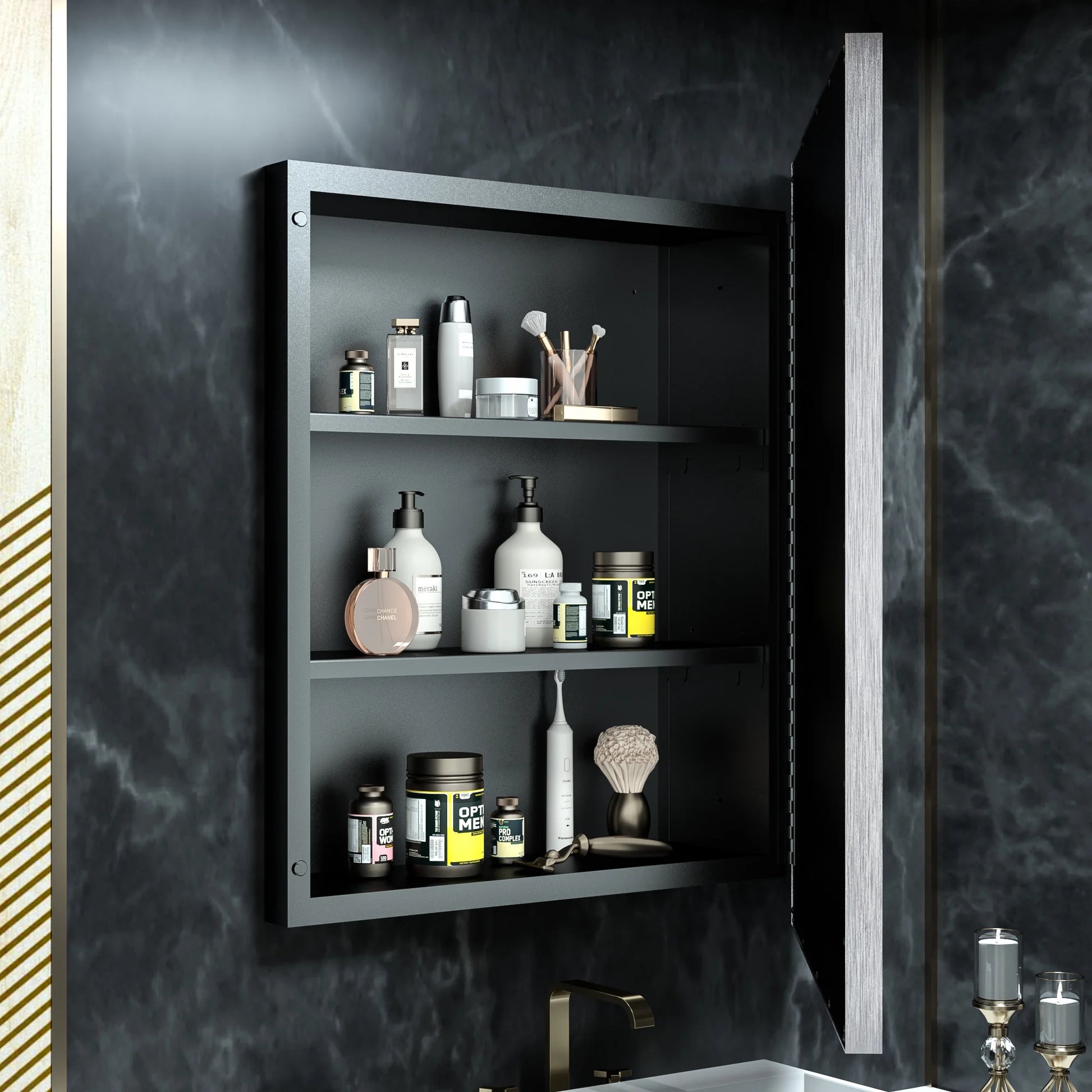Keonjinn Bathroom Metal Framed Medicine Cabinets with Mirror, 16 x 24 inch Black Wall Cabinets, Rectangle Recessed/Wall Mounted Storage Cabinets