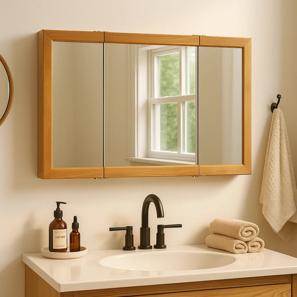 Design House 48" Wood Mirrored Wall Mount Bathroom Medicine Cabinet, Nutmeg Oak