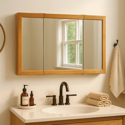 Design House 48" Wood Mirrored Wall Mount Bathroom Medicine Cabinet, Nutmeg Oak
