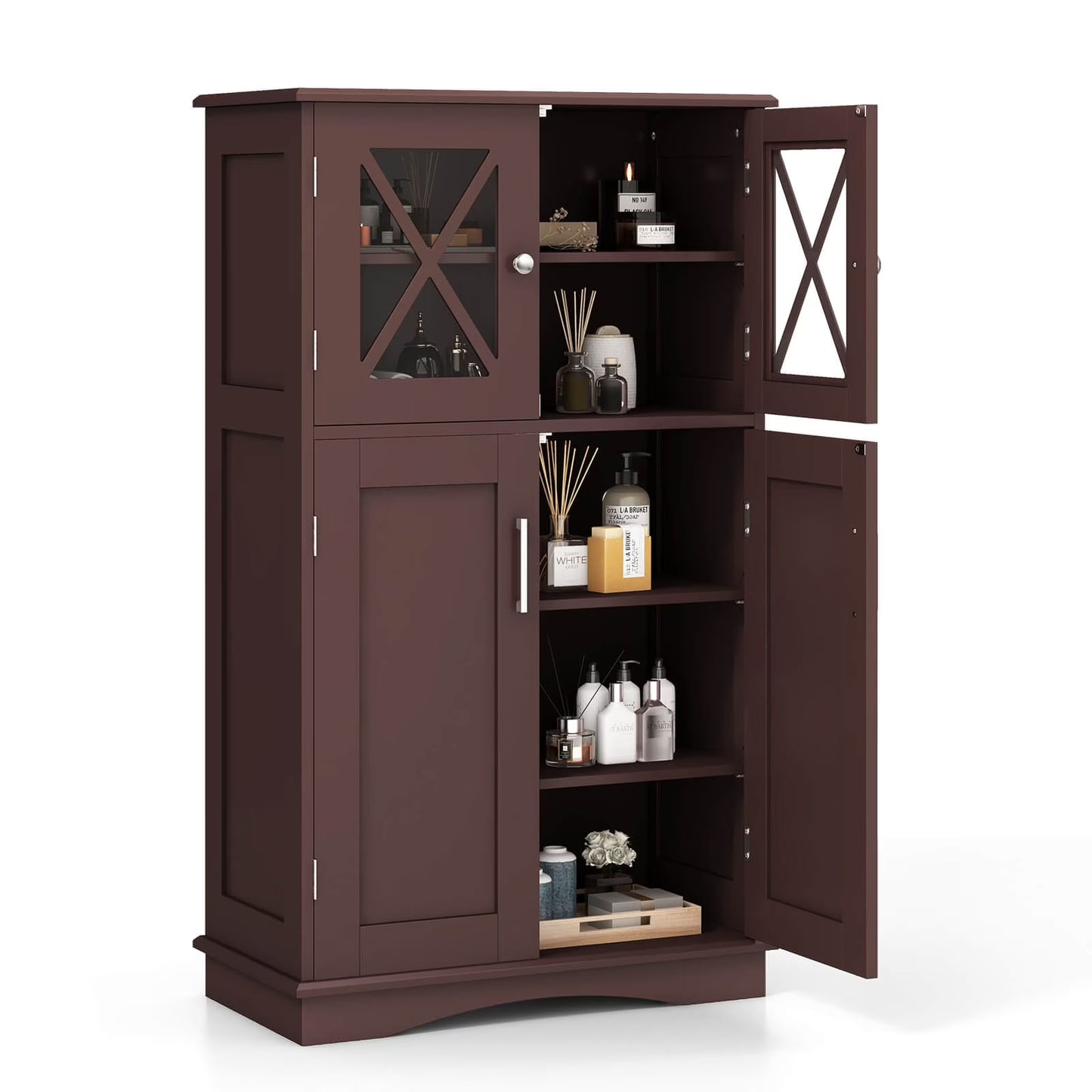 Costway Bathroom Storage Cabinet Linen Storage Cabinet with Doors and Adjustable Shelves White