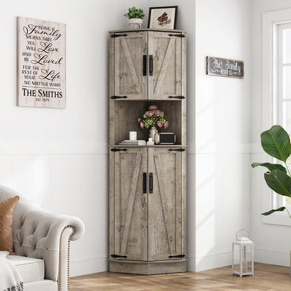 ChVans Farmhouse 68" Tall Corner Cabinet w/4 Barn Doors, 5 Tier Bookcase Storage Cabinet with Adjustable Shelves, Corner Storage Cabinet for Bathroom,Living Room,Kitchen, Brown